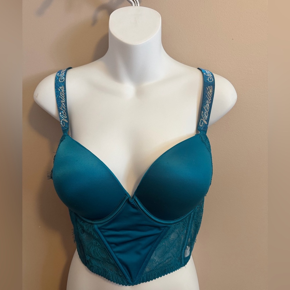 VS Teal Blue Shine Strap Corset Push-Up Bra 34DD
Brand: Victoria's Secret